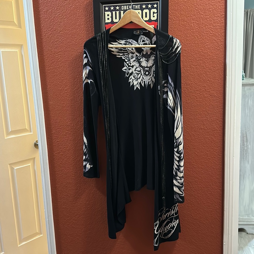 Beautiful, black light weight sweater by Christian Audigier
